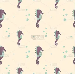 可爱的卡通彩色海马无缝矢量图案背景插图
