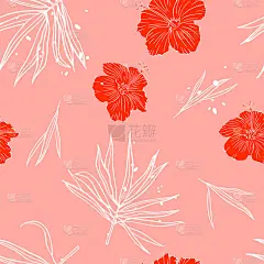 热带叶和木槿的无缝图案。手绘纹理与棕榈树叶和花。矢量插图与异国情调的热带植物。