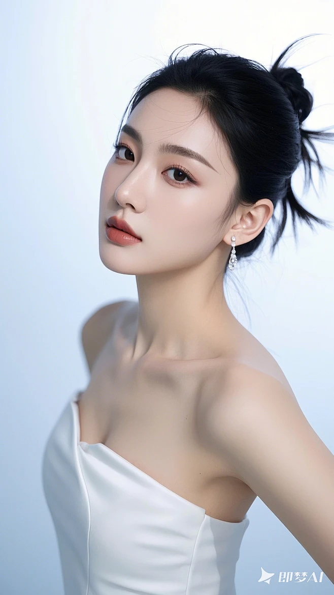 高级医美模特，明星代言人，少女，动态构图，苹果肌高光处理，婴儿肌皮肤透着光，白色优雅大气抹胸礼服裙子，微雕皮肤细腻光泽纹理可见，身体皮肤白皙 ...