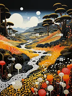 富有想象力的奇幻风景插画海报金黄色蘑菇