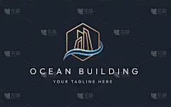 雅致的豪华城市建筑标志线条艺术风格与名片设计