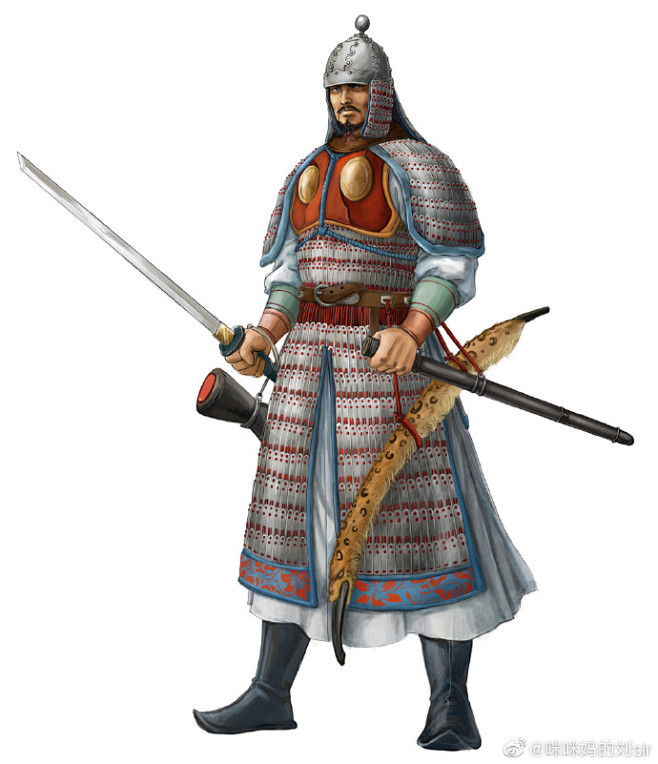 唐·渤海盔札甲武士，北朝基础崛起的大唐，从大量雕塑作品中可以看出唐甲与北魏甲胄的传承与联系，双护胸甲传至唐代已经出现了不同的变化