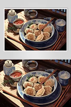 AI数字艺术冬至包饺子手绘插画