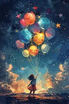 气球六一儿童节小王子油画风插画