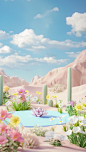 an artificial landscape with pretty spring flowers and desert sky, in the style of playful shapes, minimalist stage designs, sketchfab, subtle pastel hues, petrina hicks, soft focus lens, 3d