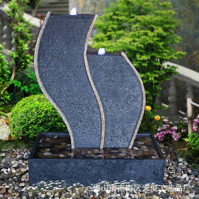 弧形石雕水幕墙流水玄关水景室内喷泉摆设假.