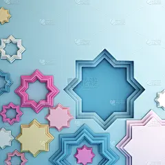 彩色阿拉伯剪纸窗户上的蓝色粉彩背景。