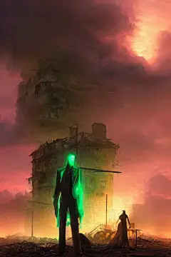 一个被摧毁的城市的街道上不祥的人物，火红的绿色瓦砾景观，蒸汽朋克，浓雾，日落，黄金时刻，蓝色时刻，彩色品红色和绿色戏剧性的云充满天空，由杰拉尔德·布朗，格雷格·鲁特科夫斯基，照片现实主义，虚幻引擎