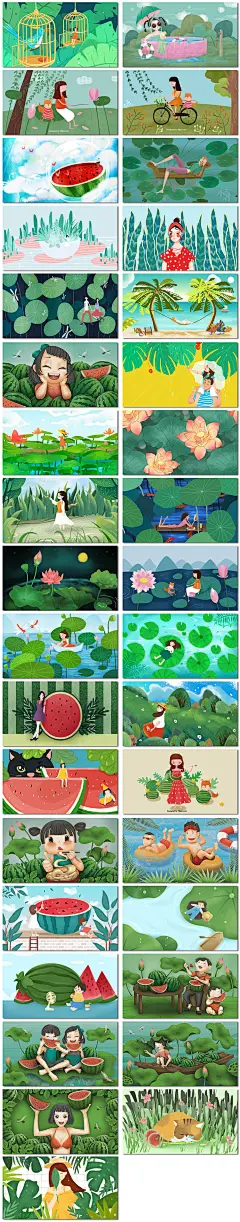夏天你好西瓜荷花儿童卡通童话手绘插画海报挂画psd素材模板设计-淘宝网
