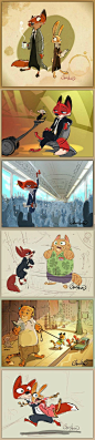 今天无意间搜集到一些2016年上映的动画#Zootopia# #动物大都会# 的设定原画同人书籍海报，狐狸和兔子光是设定就非常有趣了，很期待。挑了一些喜欢的共赏：