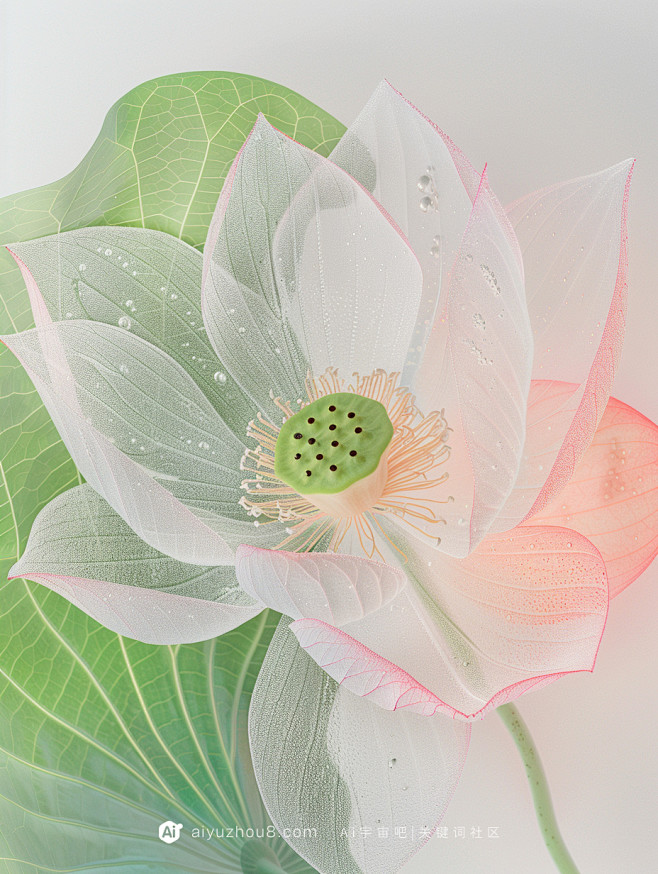 【ai宇宙吧】夏日荷花荷叶晶莹剔透质感素...