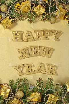 新年快乐金色文字和圣诞装饰