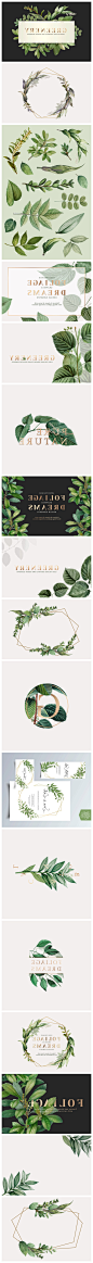 创意唯美简洁绿色植物叶子手绘矢量元素构成背景海报设计素材