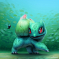 Bulbasaur - illustration(s) : An experimental illustration of Bulbasaur from the Pokémon series, featuring two lighting conditions and a separate light source.