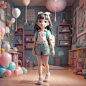 The Full body 3d artwork of cute littlegirl. Student, Girlssoft color pastel gradients, popmart toys, In the distance, the background is a wardrobe, while in the vicinity are backpacks and books, The focal length of the background is 35mm f1. 8, blender, 