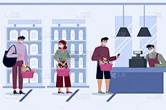 超市或商店内部有货架和货物，杂货，收银台和收银员。男女买家，推车产品。大的购物中心。矢量、插图、孤立