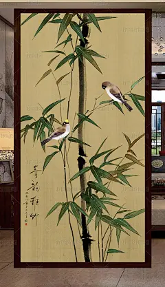 手绘古典工笔花鸟墨竹中式玄关背景墻装饰画