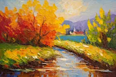 秋季公园油画插画图片