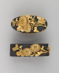 Sword-Hilt Collar and Pommel (Fuchigashira), with chrysanthemums. Copper-gold alloy (shakudō), gold, Japanese. Edo period.