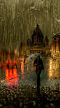 宛若油画的雨中城市