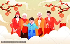 春节家人购物送礼拜年矢量插画