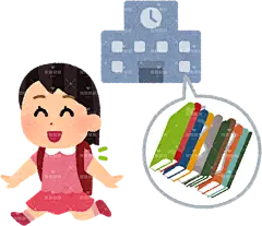 一名小学生把不必要的课本留在学校，背着更轻的书包舒适地上下学school_textbook_okiben_girl正面 全身照 小学生 幼儿 幼儿园 孩子 儿童 插画 免扣 素材 手绘 png
