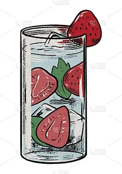 手绘草莓鸡尾酒的彩色插图。莫吉托用玻璃杯喝。复古的风格。用于菜单，海报，卡片，打印