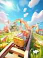 3D modeling poster, an oversized roller coaster rushing out of the scene, super perspective, empty seats on the car, through the grass, cartoon buildings in the background, light blue sky, white clouds, c4d, oc renderer, high definition, 8k --iw 2 --ar 3:
