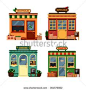 Vector shop illustration, supermarket interior: showcases, fruits, vegetables…