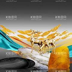 鹅卵石麋鹿高清挂画装饰画  - 源文件下载【酷图网】轻奢,唯美,鹅卵石,金色麋鹿,艺术挂画,装饰画,轻奢麋鹿,金色游鱼,简约装饰画,艺术装饰画