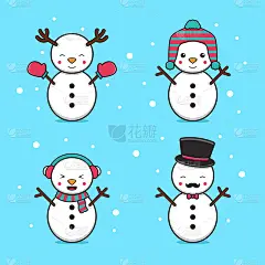 集可爱的雪人与雪圣诞快乐卡通图标插图插图