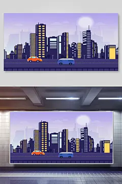 紫色唯美创意高端手绘城市夜景插画