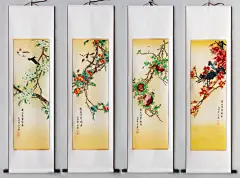 爱新觉罗瑜嘉手绘四季花鸟四条屏四君子中客厅装饰办公室字画条幅-淘宝网