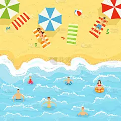 一组男男女女带着孩子在沙滩上晒日光浴，在水里游泳。大海或海滩，在水面上摇曳。用卡通风格的人画的图解可