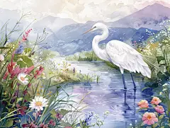 植物白鹭插画素材图AI图