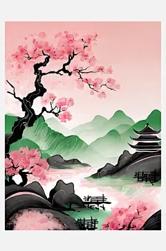 AI数字艺术粉绿风景水墨画-众图网