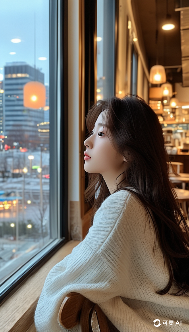 9x16_一张真实照片_咖啡厅内_一个美丽可爱的韩国美女看着窗外_不看镜头_2
