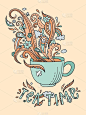 线条艺术杯茶还是咖啡。矢量成人涂色页一个杯子和华丽的蒸汽涂鸦风格。