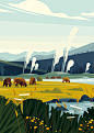 YELLOWSTONE : Creation of a panoramic illustration depicting wildlife in the Yellowstone national park in the United states, for the gorgeous french magazine America. 