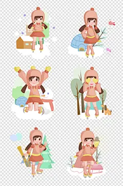 手绘冬季冰雪小女孩人物合集