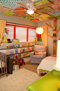 Amazing kids room! The ceiling is foam boards covered in fun fabrics.... I LOVE THIS