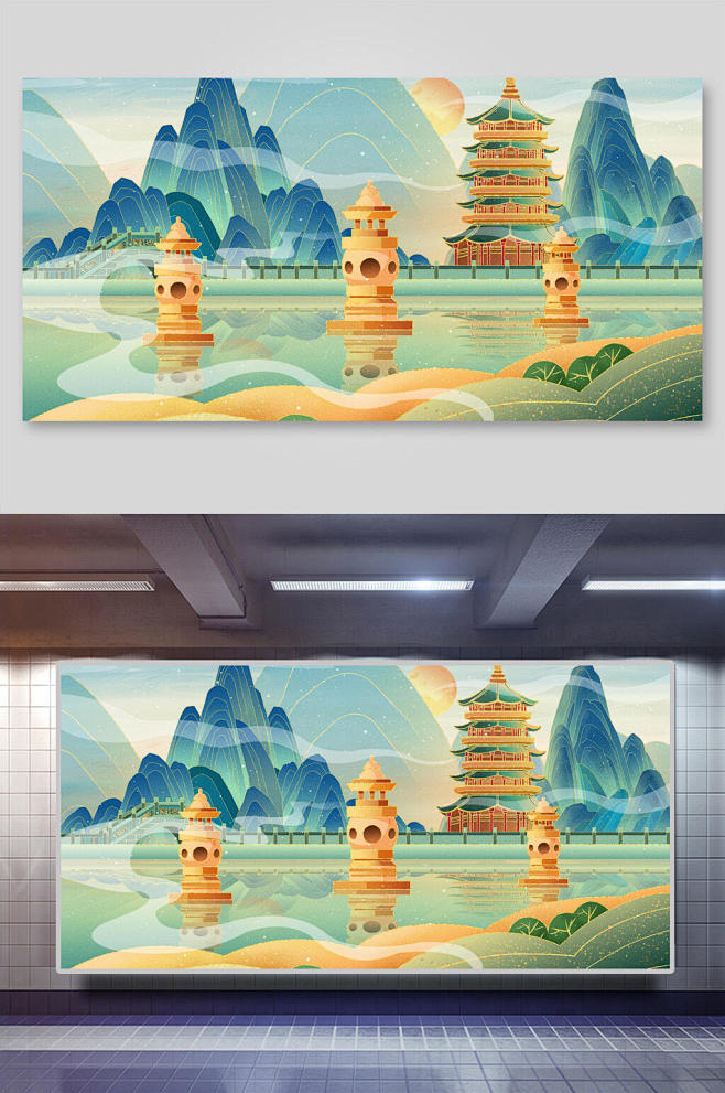 蓝绿金色高端大气时尚国潮风景插画
