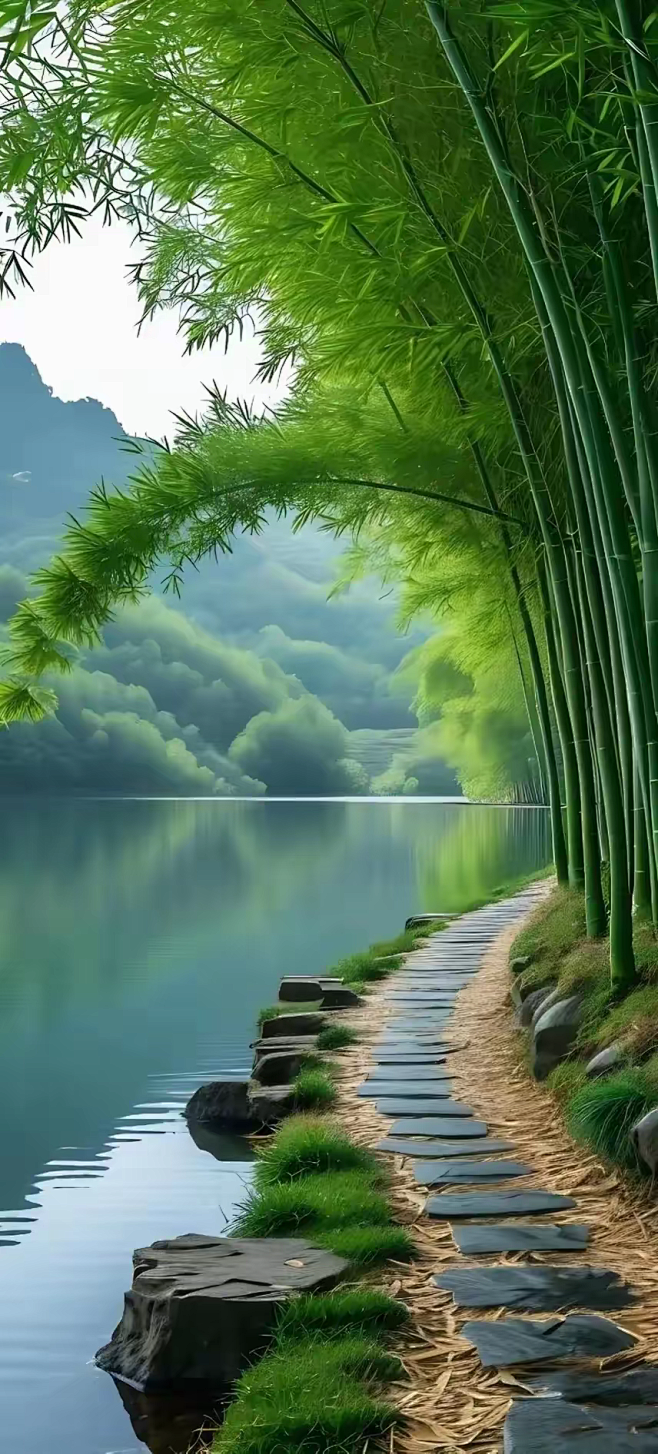 云雾缭绕隐远山，
翠竹高耸入云端。
微风...