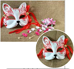 #狐狸面具#和风狐妖面具半脸日本手绘猫咪动漫cos舞会【瑞哲手绘】-淘宝网