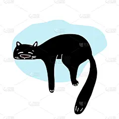 手绘矢量插图一个可爱有趣的黑猫躺在它的肚子上，它的眼睛闭着。白色背景上的孤立物体。手绘。带有印花的海