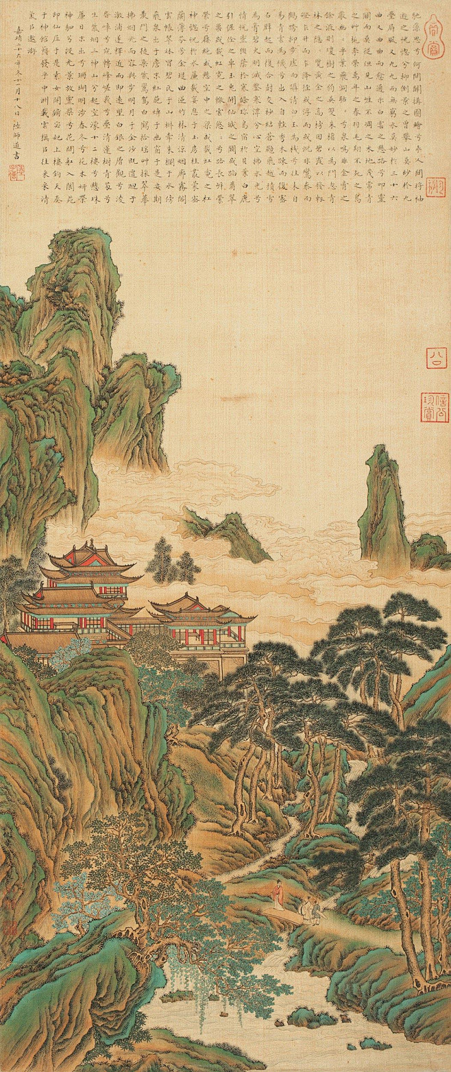 仇英——《仙山楼阁图》【陆师道题跋】人物山水楼阁