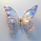 一只透明蝴蝶在3D渲染中优雅地跳舞，渐变半透明玻璃熔体，发光的纤维晶体，白色背景，自然主义美学，精致的细节，完整的模型，梦幻的视觉风格，荧光全息光泽纹理，清晰的颜色，透明，强烈的阴影，美丽的李，超现实主义--s 250--v 6.0