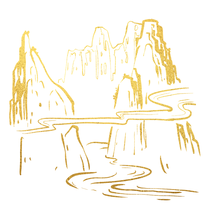 金色线描山水
