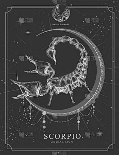 现代魔法魔法卡带有天蝎座的星座。逼真的手绘蝎子插图