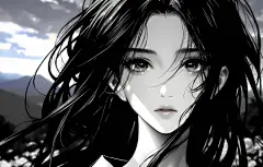 黑色系 黑白风格动漫女孩 脸 长发 4K壁纸